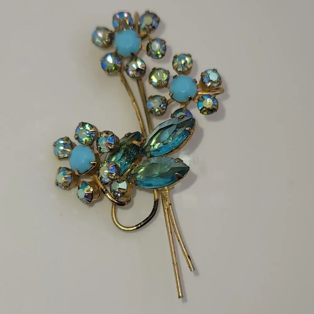 Vintage Gold-tone Blue, Turquoise-colored & Aurora Borealis Floral Brooch